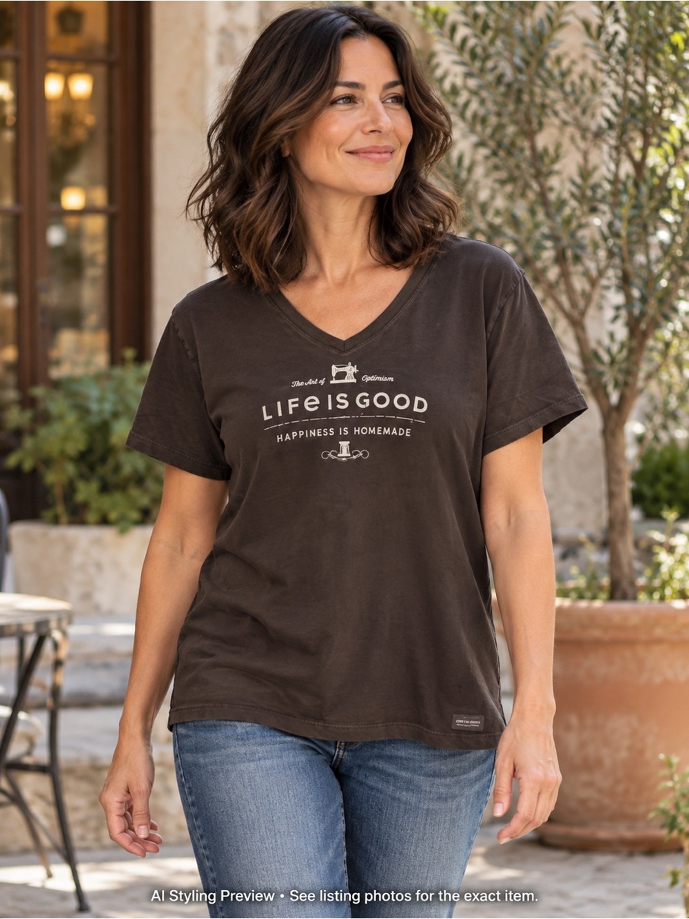 Cozy Graphic Tee V Neck Brown Life Is Good XXL Relaxed Fit